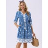 INSPIRE CHIC Women's Summer Floral V Neck Half Sleeve Drawstring Waist Flowy Boho Mini Dress - 2 of 4