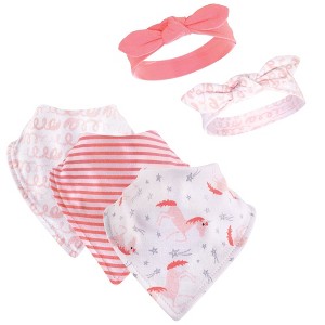 Hudson Baby Infant Girl Cotton Bib and Headband Set 5pk, Coral Unicorn, One Size - 1 of 1