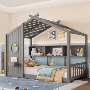 Whisen Twin Size Floor House Bed & Kids Montessori Bed, Playhouse Bed with Storage Shelf, Roof Design - 1 of 4