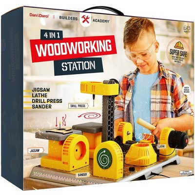 Dan&Darci Woodworking Toy Station Gift for Kids – Jigsaw, Lathe, Drill Press, and Sander – Complete DIY Craft Kit