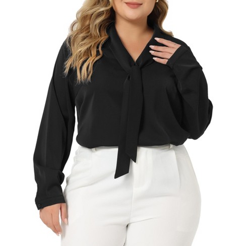 Agnes Orinda Women's Plus Size Elegant Tie Chiffon Formal Office Shirts  Black 3X