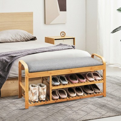 Natural Bamboo 3-Tier Shoe Bench with Gray Cushion