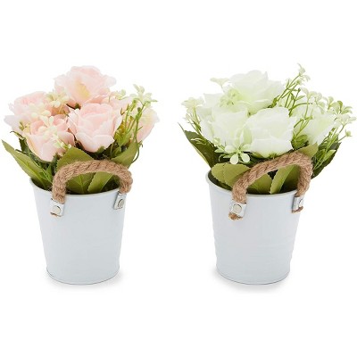 Okuna Outpost 2 Pack Artificial Potted Flowers, White and Pink Roses for Home Decor (4 x 9 in)