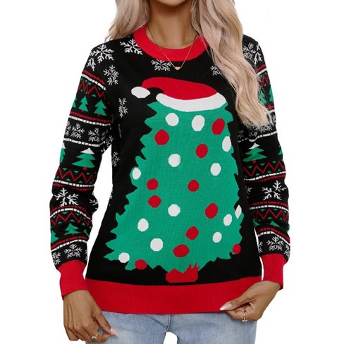 Womens Ugly Christmas Sweater 2024 Long Sleeve Holiday Sweaters With Christmas Tree Reindeer Snowflakes Patterns Knitted Pullover Sweaters Black L Target