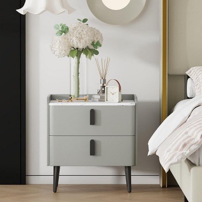 INFURNIC Nightstands 2-Drawer Nightstand with Marble-Pattern Tabletop Scratch Resistant Legs for Bedroom, Grey, 19.88"*15.94"*20.16"