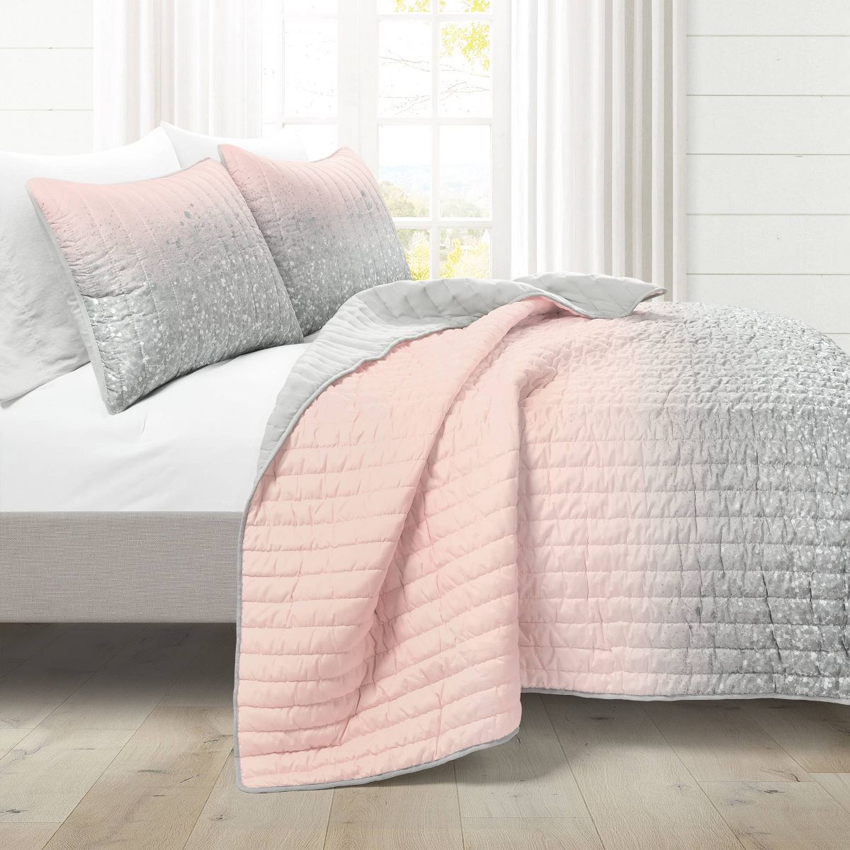 3pc Full/Queen Kids' Glitter Ombre Metallic Print Quilt Set Blush/Gray - Lush Décor: Teen Bedroom Decor Bedding Set - thumbnail 2