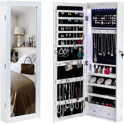 Wooden Jewelry Storage Mirror Cabinet Wall-Mounted Jewelry Box Organizer for Earrings Necklace Bracelets Watches Sunglasses White