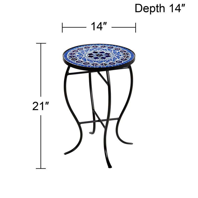 Teal Island Designs Modern Black Round Outdoor Accent Side Tables 14" Wide Set of 2 Light Blue Mosaic Tabletop Front Porch Patio Home House, 4 of 8