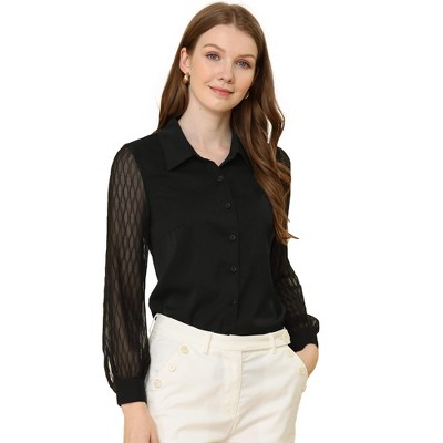 Allegra K Women's Button Down Sheer Sleeve Point Collar Work Tops
