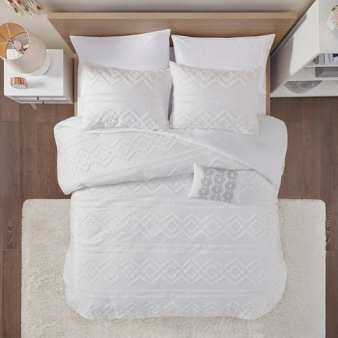 Full Queen Jemma Solid Clipped Jacquard Duvet Cover Set Ivory