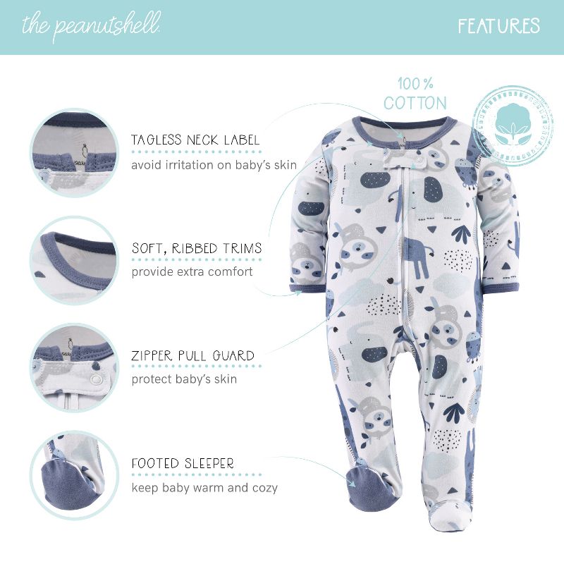 The Peanutshell Blue Safari Footed Baby Sleepers for Boys, 3-Pack, Newborn to 9 Months, 3 of 8
