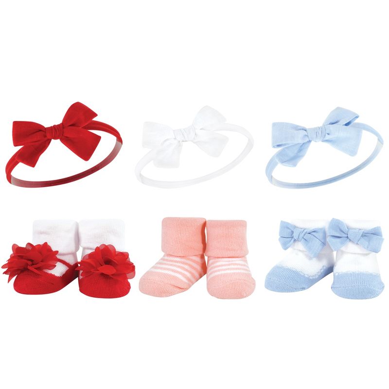 Hudson Baby Infant Girl 12Pc Headband and Socks Giftset, Wildflower Red Blue, One Size, 3 of 4