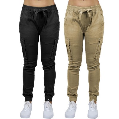 Jump Start Women's Loose  Fit  Cotton Flex Stretch Cargo Jogger Pants-2 Pack