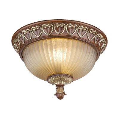Verona Bronze & Aged Gold Leaf Dual-Light Flush Mount with Rustic Art Glass