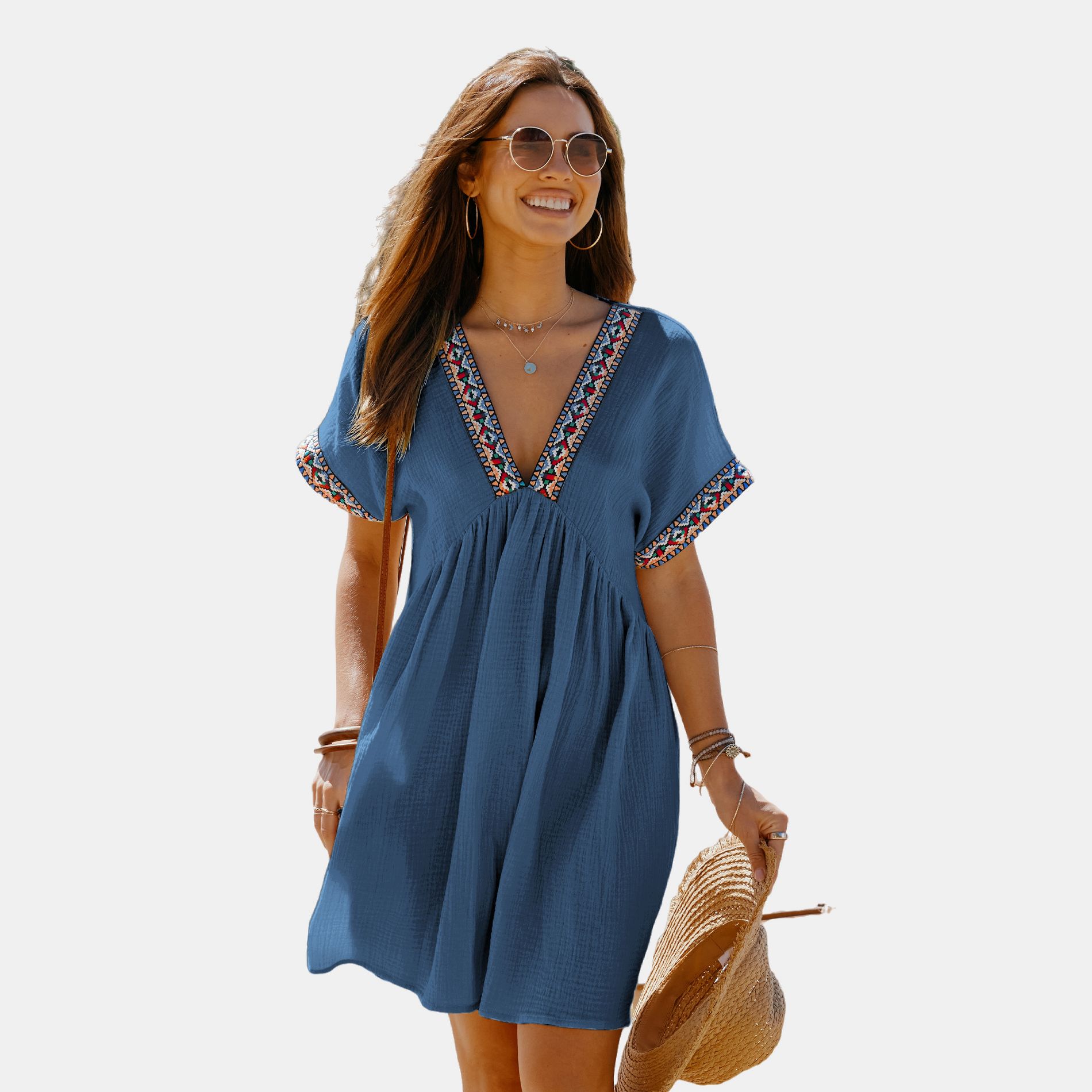 Women's Boho Chic Embroidered V-Neck Beach Dress -Cupshe-M-Blue