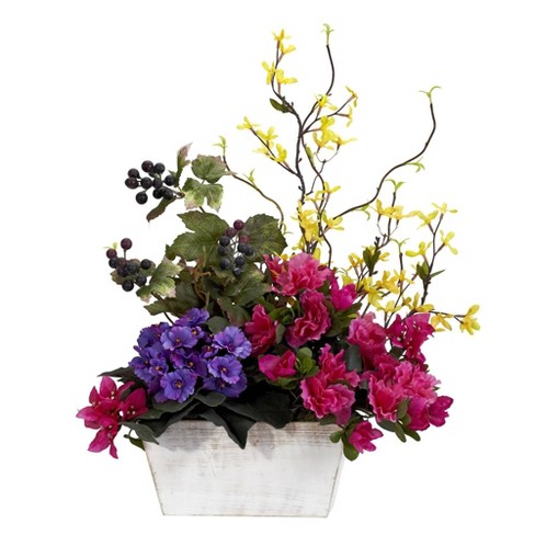 Nearly Natural 21 in. Artificial Orchid & Succulent Garden with White Wash Planter, Pink, 1458