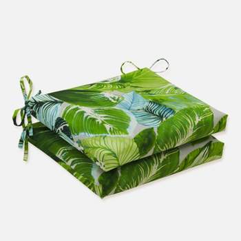 2pk Lush Leaf Jungle Squared Corners Outdoor Seat Cushions Green - Pillow Perfect