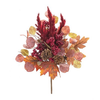 Rustic Red and Brown Fall Foliage Bush Set with Pinecones