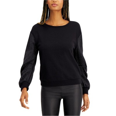 I.N.C International Concepts Womens Embellished-Sleeve Sweatshirt, Black, Large