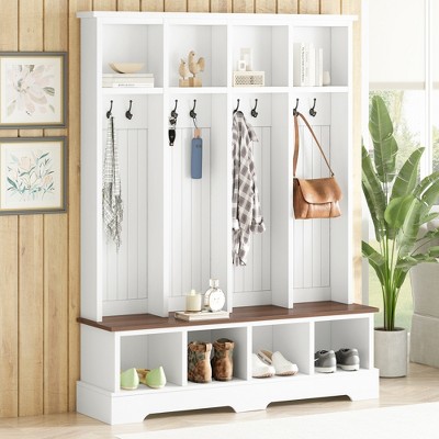 Lycvki Farmhouse 59"W Hall Tree Entryway Bench with 8 Hooks and Shoe Rack