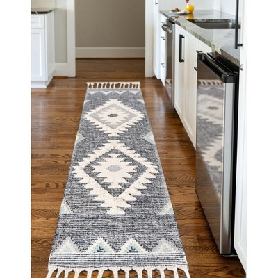 Mesa Dark Blue Geometric Wool Runner Rug with Fringe