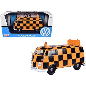 Volkswagen Type 2 (T1) Airport Runway Delivery Van Black and Orange Checkered 1/24 Diecast Model Car by Motormax - 1 of 3