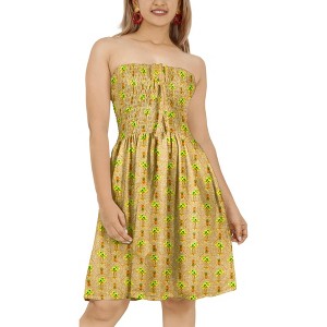 LA LEELA Women's Summer Boho Beach Backless Smocked Mini Flowy Dress Tube Top Strapless Dresses for Women One Size Pineapple, Brown - 1 of 4