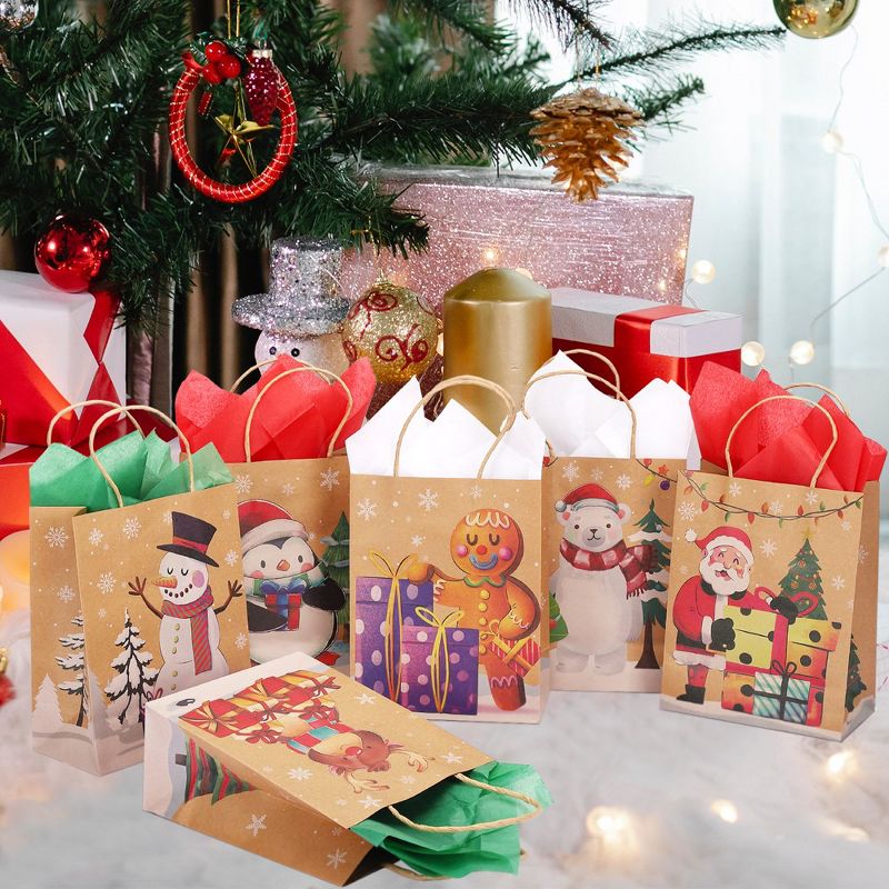 24Pcs Christmas Paper Gift Bags with Tissue Paper, Bulk Kraft Paper Bags with Handle, 3 of 7