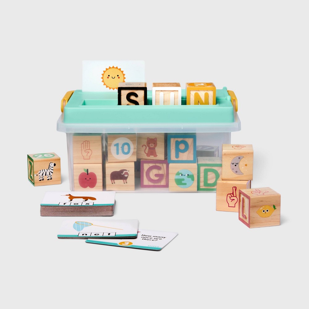 Wooden Blocks Activity - Gigglescape™: Educational Letter Blocks, Storage Box, 78 Pieces, Ages 3+