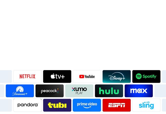 Netflix, apple tv+, youtube, Disney+, Spotify, paramount+,  peacock, xumo play, hulu, max, pandora, tubi, prime video, espn, sling