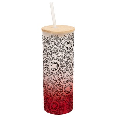 Elanze Designs Sunflower Summer Flower Garden Wrap-Around Design 25 Ounce Frosted Gradient Glass On-The-Go Coffee Travel Skinny Tumbler Mug Cup,