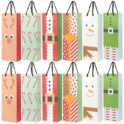 Blue Panda 24-Pack Christmas Xmas Wine Bags - Kraft Paper, with Handles for Shopping, Snowman & Ornaments Design,15.3x3.2x5.5"