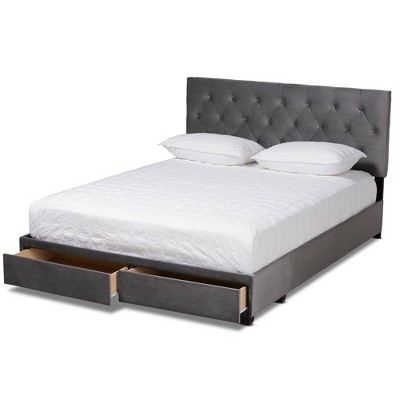 Gray Velvet Upholstered Queen Platform Storage Bed with Tufted Headboard