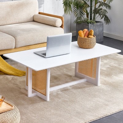 Cozy Minimalist Coffee Table,Rattan Rectangular Solid Wood Coffee Table, Side Table With Crossed Legs Center Table Tea Table-Cuddlewood