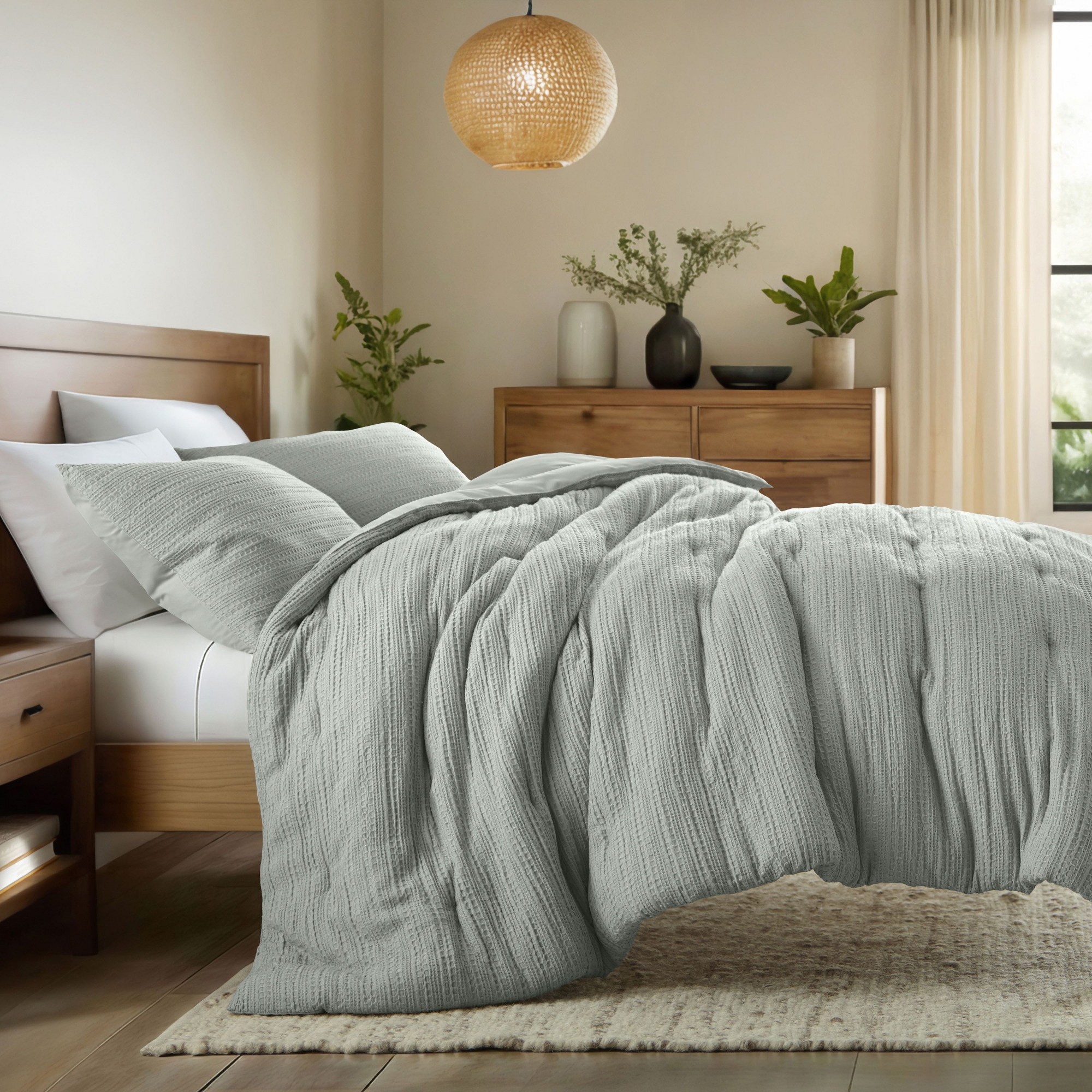 Waffle Textured Comforter Set All Season Down-Alternative Ultra Soft Bedding - Becky Cameron, Green Mist, King/California King