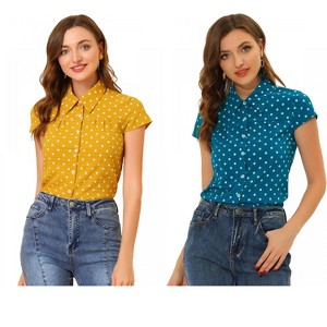 INSPIRE CHIC Women's Short Sleeve Vintage Polka Dots Button Up Blouse 2 Packs - 1 of 4