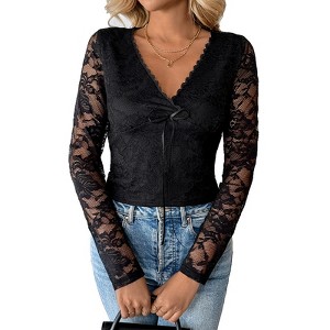 Women's Sexy Sheer Back Lace Deep V-Neck Long Sleeve Top, Elegant Lace Blouse for Party & Date Night - 1 of 4