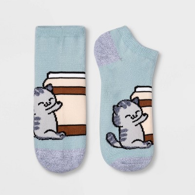 Women's Coffee Cat Low Cut Socks - Blue 4-10: Knit Tagless Lightweight Apparel