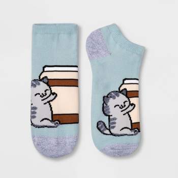 Women's Coffee Cat Low Cut Socks - Xhilaration™ Blue 4-10