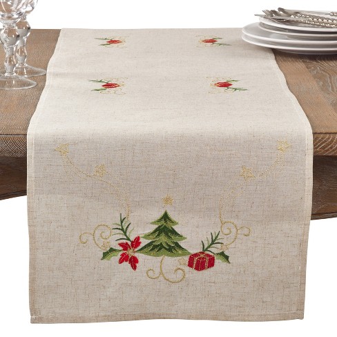 Saro Lifestyle Table Runner With Embroidered Christmas Design, Natural, 16