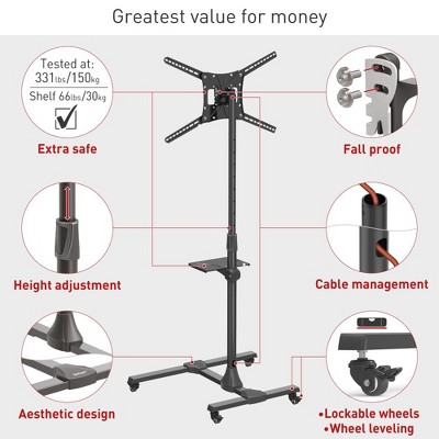 Black Full Motion Mobile TV Cart with Metal Shelf for 13-83 inch Screens