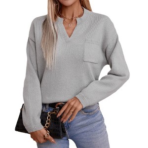 Clearlove Womens Pullover Sweater V Neck Long Sleeves Oversized Ribbed Knitted Casual Fall Tunic Sweaters - 1 of 4