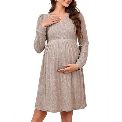Maternity V Neck Dress Women's Rib Knit Long Sleeve Midi Dress Photoshoot Baby Shower Sweater Fall Dresses