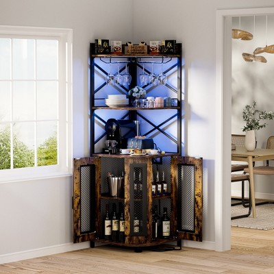 Aheaplus Home 5-layer Corner Wine Cabinet with LED Light Strip and Glass Rack, Corner Display Shelf with Power Socket