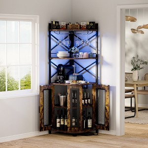 Aheaplus 5-Layer Corner Wine Cabinet with LED Light Strip and Glass Rack, Corner Display Shelf with Power Socket - 1 of 4
