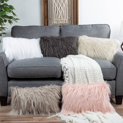 Luxurious Dark Gray Mongolian Faux Fur 20'' Lumbar Pillow