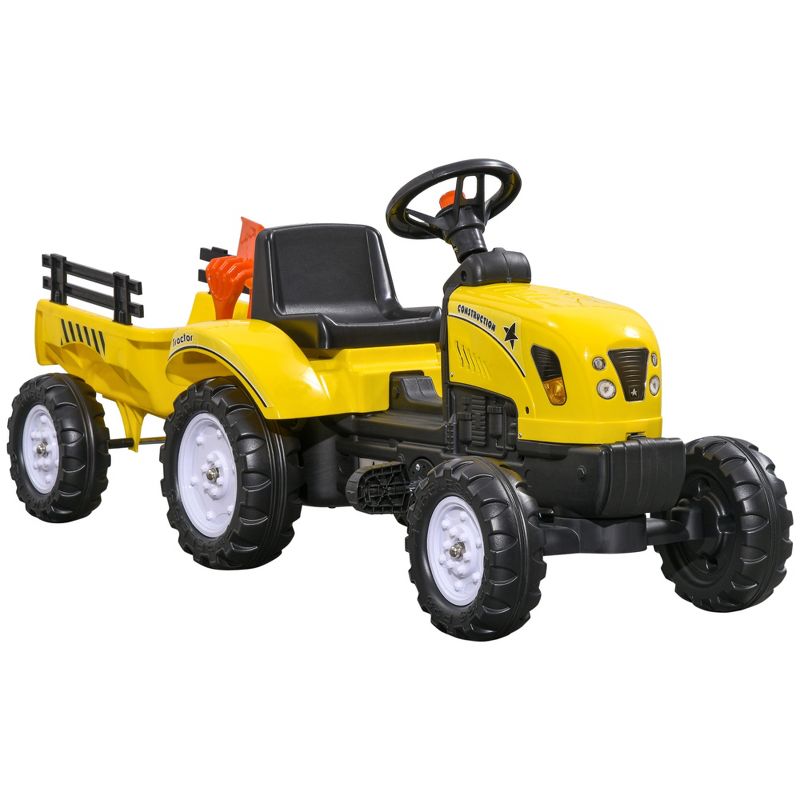Aosom Kids Ride on Farm Tractor, Manual Pedal Ride on Car with Back Storage Trailer, Shovel & Rake, Horn, 3 Years Old, Yellow, 1 of 7
