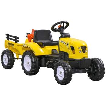Aosom Kids Ride on Farm Tractor, Manual Pedal Ride on Car with Back Storage Trailer, Shovel & Rake, Horn, 3 Years Old, Yellow