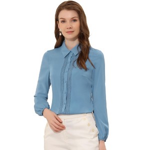 Allegra K Women's Office Solid Turn Down Collar Lace Trim Long Sleeve Button Down Shirt - 1 of 4