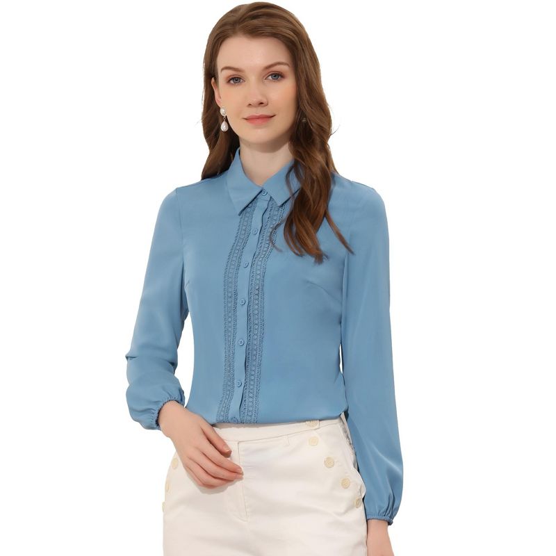 Allegra K Women's Office Work Turn Down Collar Lace Trim Long Sleeve Button Down Shirt, 1 of 6